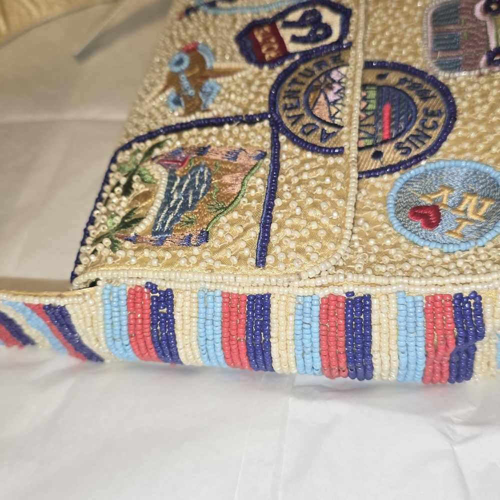 T.J.Maxx Beaded Beige Shoulder Bag with Colorful Travel Patches - Picture 2 of 4